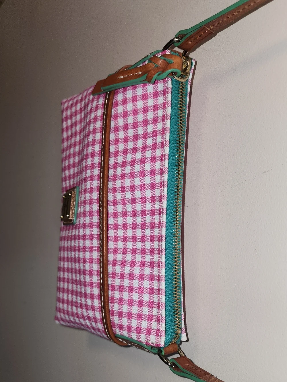 Dooney & Bourke Leather Picnic Pink Mint Gingham Crossbody Shoulder Bag Purse - Picture 6 of 12